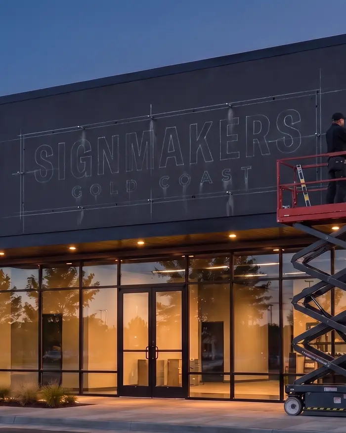 Illustration: an installer drilling and aligning fixing points for a fascia sign