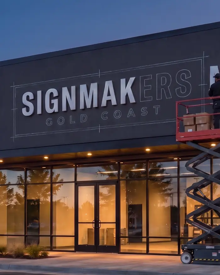 Illustration: an installer fitting fabricated aluminium letters to a shopfront fascia