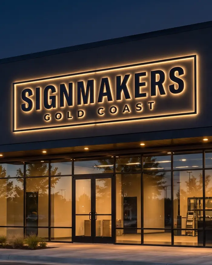 Illustration: the finished Signmakers Gold Coast sign illuminated at night above the shopfront